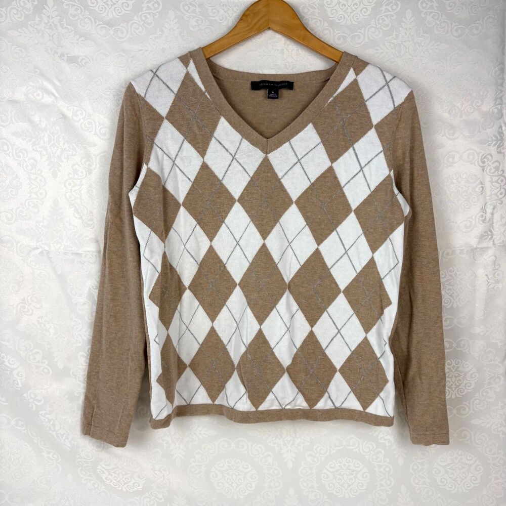 Tommy Hilfiger Sweater V Beige Argyle Preppy Classy Academia Work Office Top M